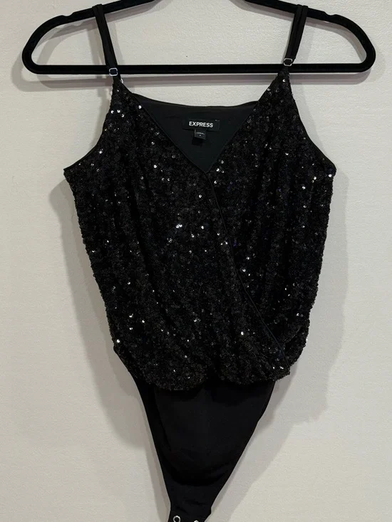 Express Sequin Faux-Wrap Cami Black Bodysuit Women's Size Small - Picture 2 of 7